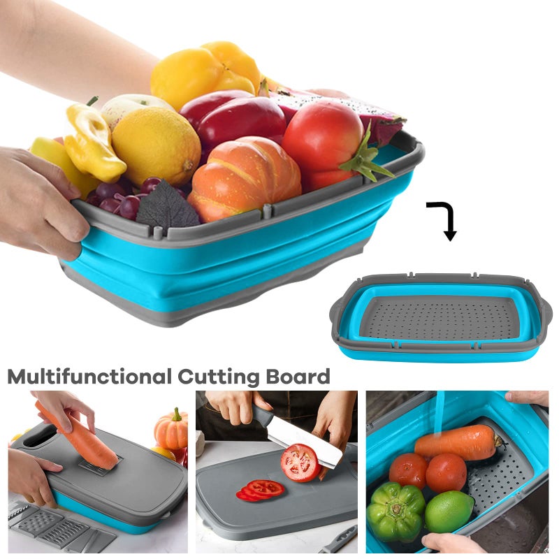 Gintan Camping Cutting Board  9-in-1 Collapsible Chopping Board with Colander  Gifts for Campers Happy Camper Camping Accessories for RV Campers(Blue+Grey) - Image 4
